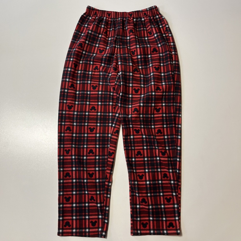 Disney Fleece PJ Pants Sz M Tartan Plaid & Mickey Mouse Silhouette Sleep Bottoms
